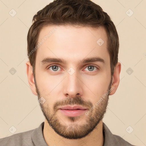 Neutral white young-adult male with short  brown hair and brown eyes