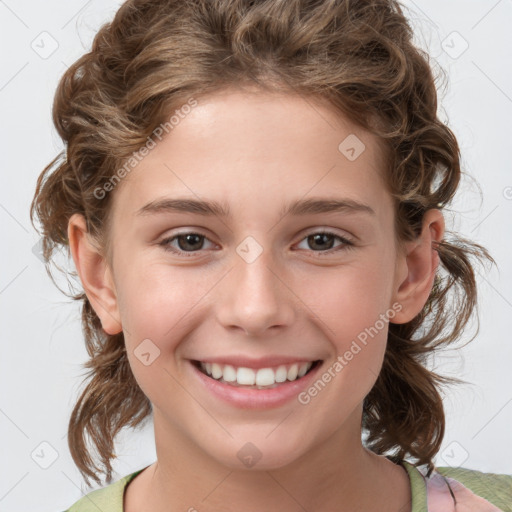 Joyful white child female with medium  brown hair and brown eyes