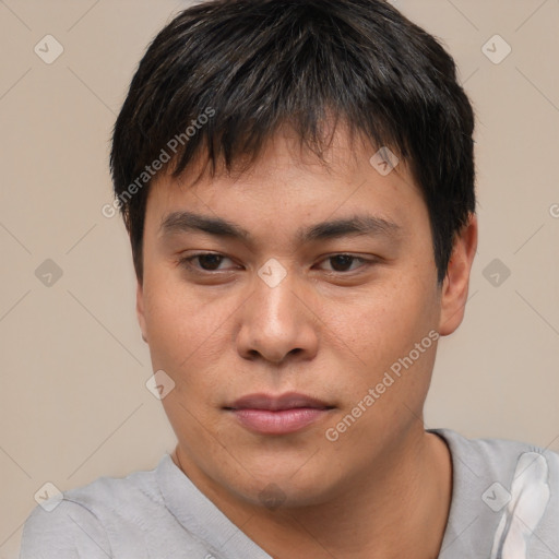 Neutral asian young-adult male with short  brown hair and brown eyes