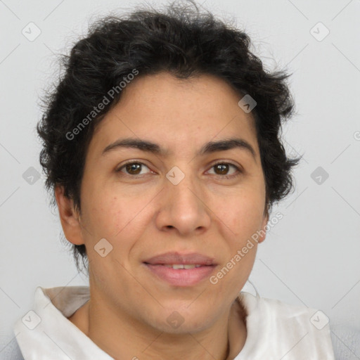 Joyful white adult female with short  brown hair and brown eyes