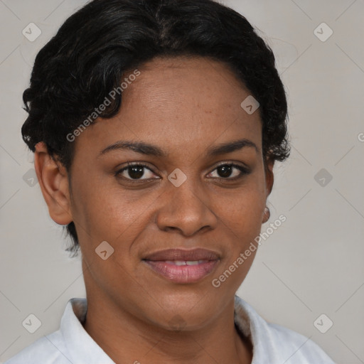 Joyful latino young-adult female with short  brown hair and brown eyes