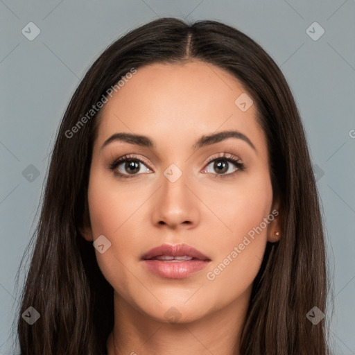 Neutral white young-adult female with long  brown hair and brown eyes