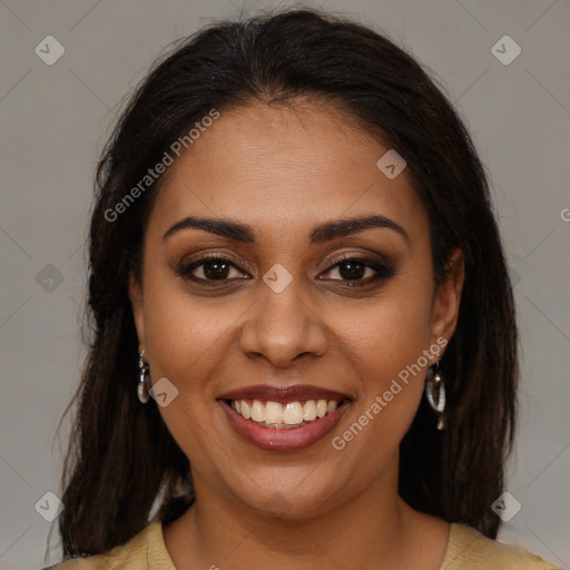 Joyful latino young-adult female with medium  brown hair and brown eyes