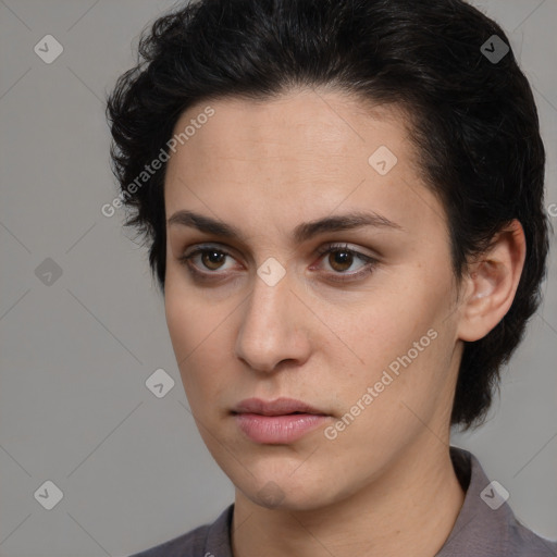 Neutral white young-adult female with medium  brown hair and brown eyes