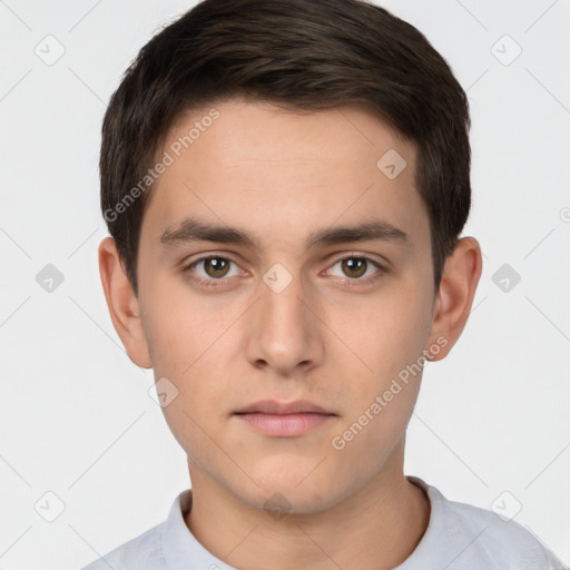 Neutral white young-adult male with short  brown hair and brown eyes