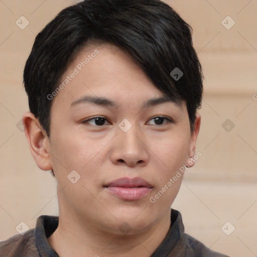 Neutral asian young-adult female with short  brown hair and brown eyes
