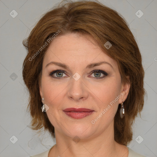 Joyful white young-adult female with medium  brown hair and green eyes