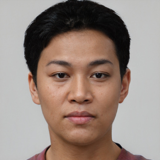 Neutral asian young-adult female with short  black hair and brown eyes