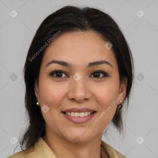 Joyful latino young-adult female with medium  brown hair and brown eyes