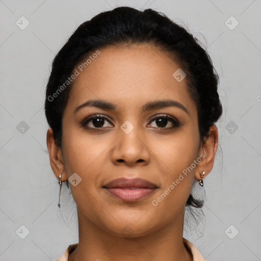 Joyful latino young-adult female with short  black hair and brown eyes