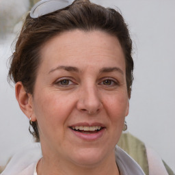 Joyful white adult female with short  brown hair and grey eyes