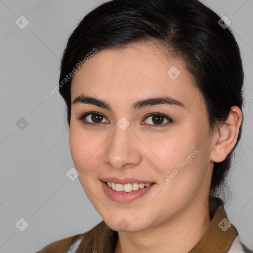 Joyful white young-adult female with medium  brown hair and brown eyes