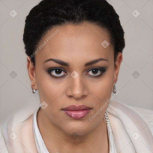 Joyful black young-adult female with short  brown hair and brown eyes