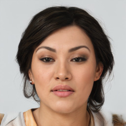 Neutral asian young-adult female with medium  brown hair and brown eyes