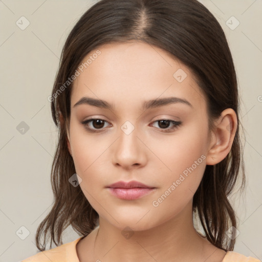 Neutral white young-adult female with medium  brown hair and brown eyes