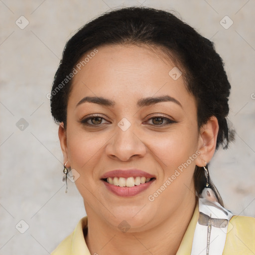 Joyful latino young-adult female with short  brown hair and brown eyes