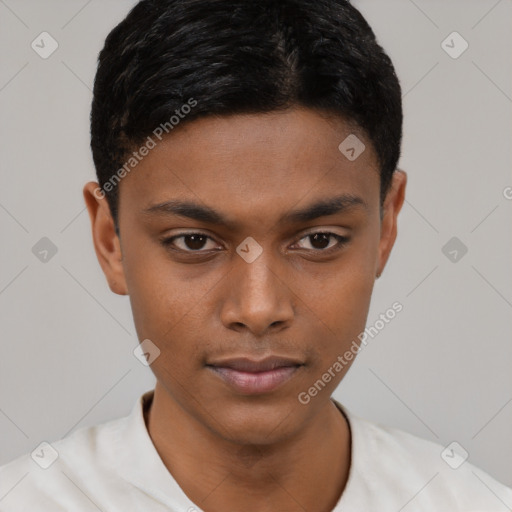 Neutral latino young-adult male with short  black hair and brown eyes