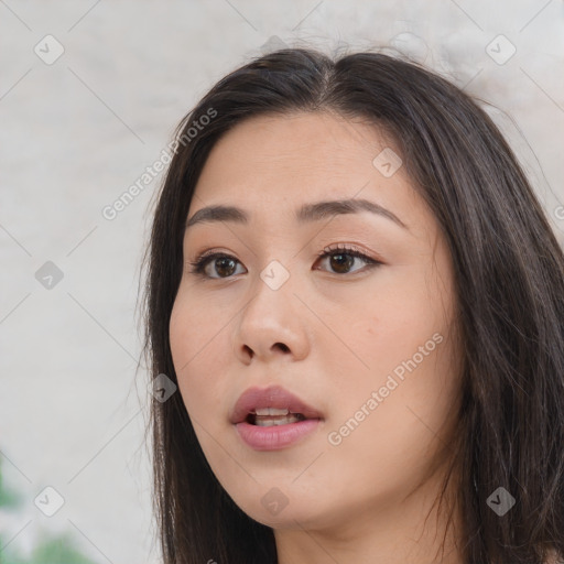 Neutral white young-adult female with long  brown hair and brown eyes