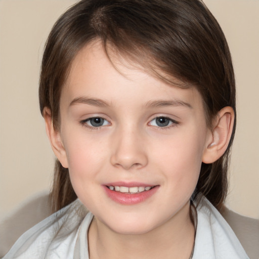 Joyful white child female with medium  brown hair and brown eyes