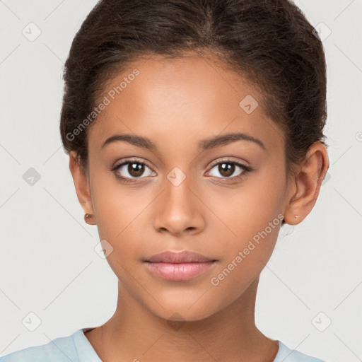 Neutral white young-adult female with short  brown hair and brown eyes