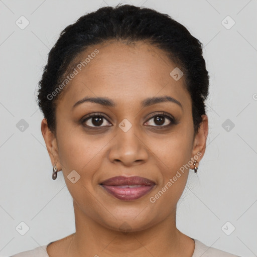 Joyful latino young-adult female with short  brown hair and brown eyes