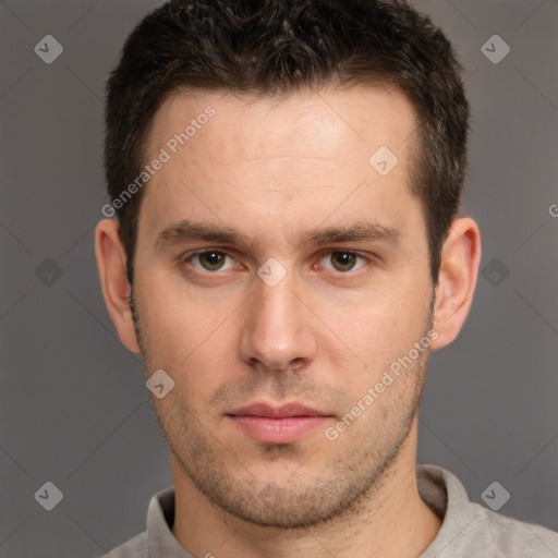 Neutral white young-adult male with short  brown hair and brown eyes