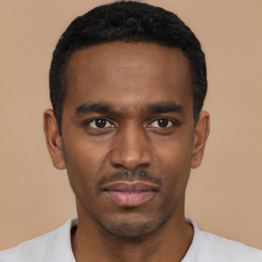 Neutral black young-adult male with short  black hair and brown eyes