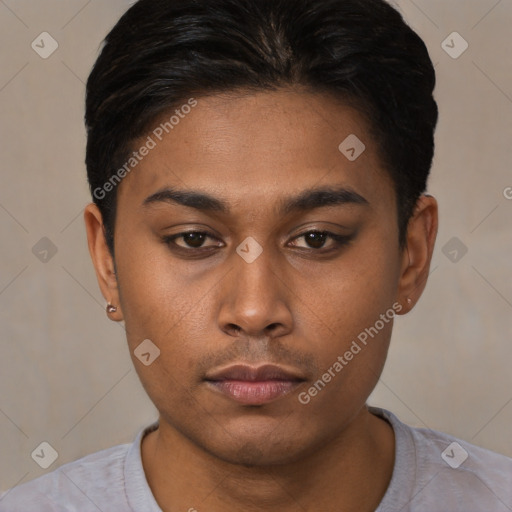 Neutral asian young-adult male with short  black hair and brown eyes