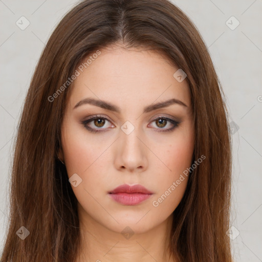 Neutral white young-adult female with long  brown hair and brown eyes