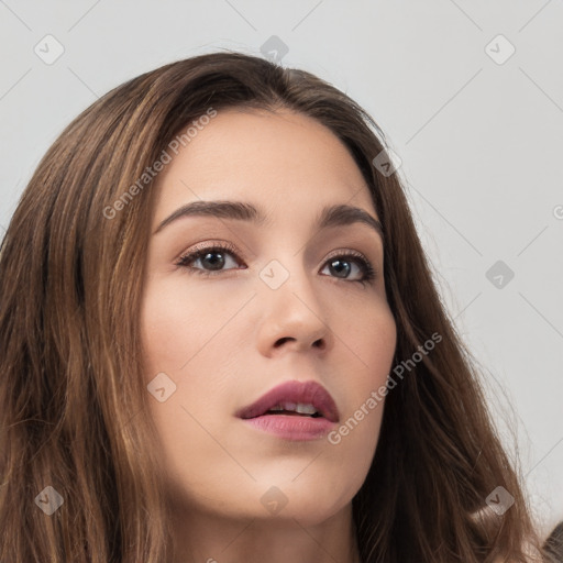 Neutral white young-adult female with long  brown hair and brown eyes