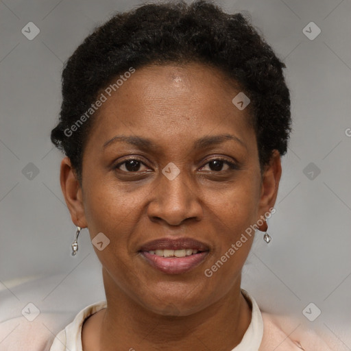 Joyful black adult female with short  brown hair and brown eyes