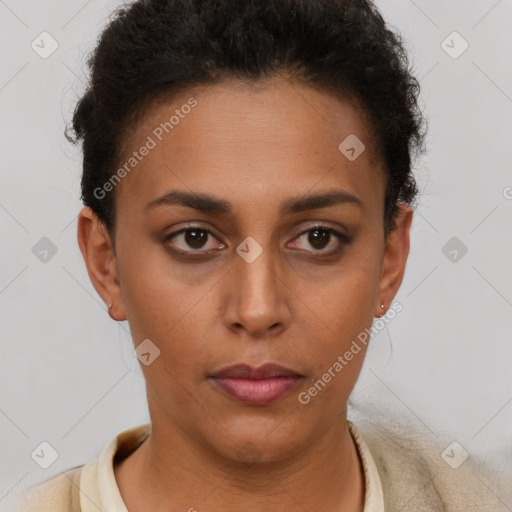 Neutral black young-adult female with short  brown hair and brown eyes