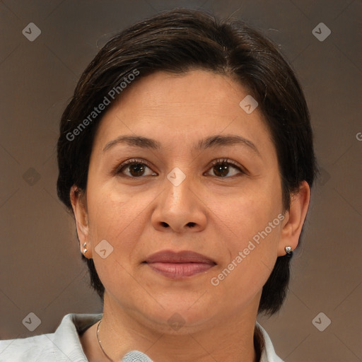 Joyful white adult female with medium  brown hair and brown eyes