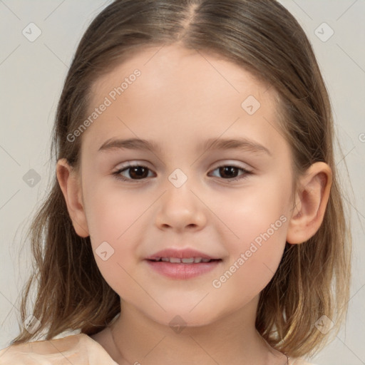 Joyful white child female with medium  brown hair and brown eyes