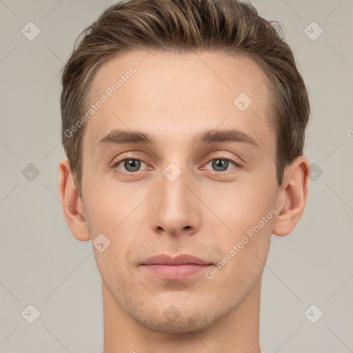 Neutral white young-adult male with short  brown hair and grey eyes