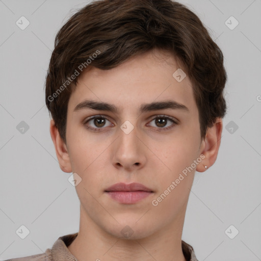 Neutral white young-adult male with short  brown hair and brown eyes