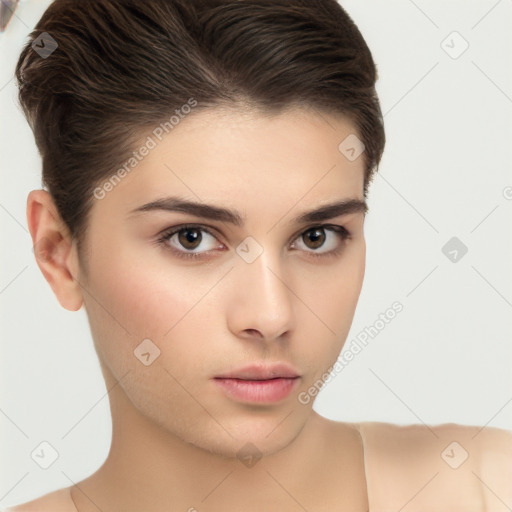 Neutral white young-adult female with short  brown hair and brown eyes