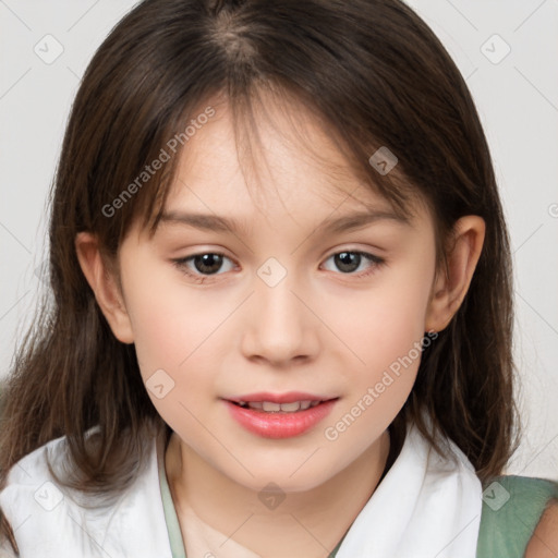 Joyful white child female with medium  brown hair and brown eyes