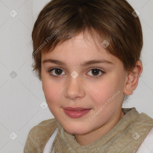 Joyful white child female with medium  brown hair and brown eyes