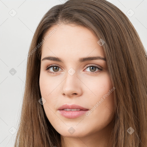 Neutral white young-adult female with long  brown hair and brown eyes