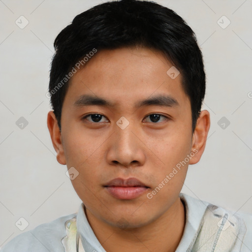 Neutral asian young-adult male with short  black hair and brown eyes