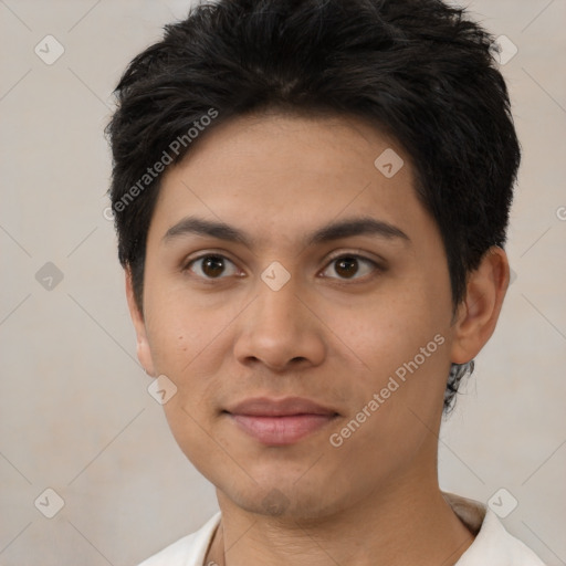 Joyful asian young-adult female with short  black hair and brown eyes