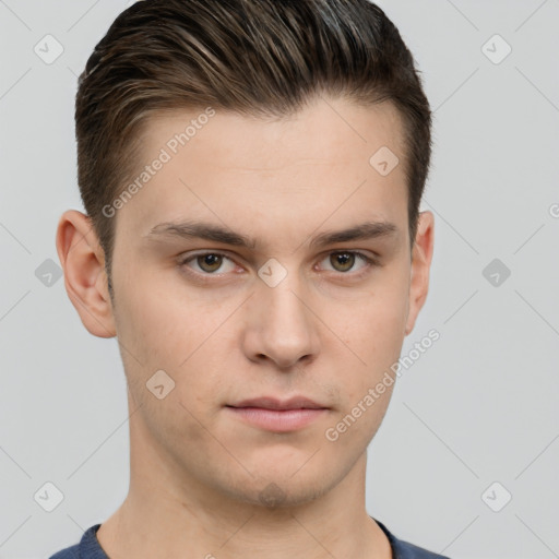 Neutral white young-adult male with short  brown hair and brown eyes