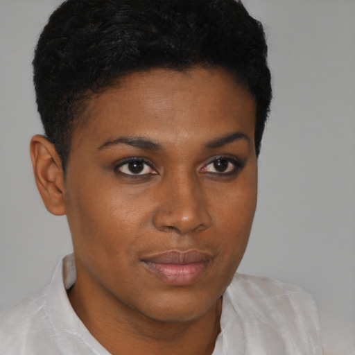 Neutral black young-adult female with short  brown hair and brown eyes