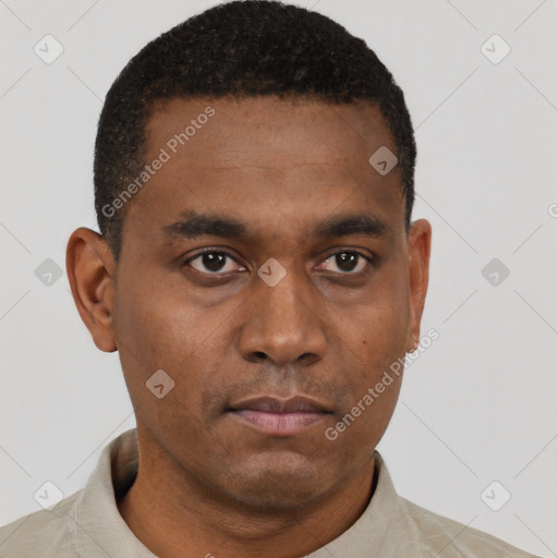 Neutral black young-adult male with short  black hair and brown eyes