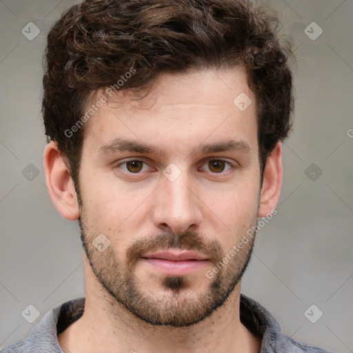 Neutral white young-adult male with short  brown hair and grey eyes