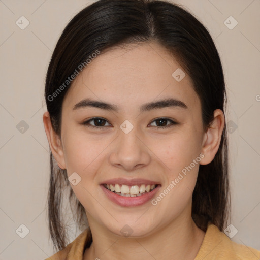 Joyful white young-adult female with medium  brown hair and brown eyes