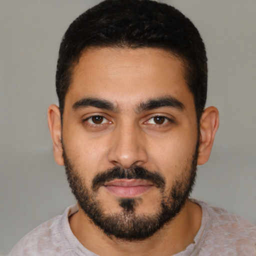 Neutral latino young-adult male with short  black hair and brown eyes