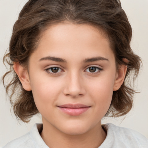 Joyful white child female with medium  brown hair and brown eyes