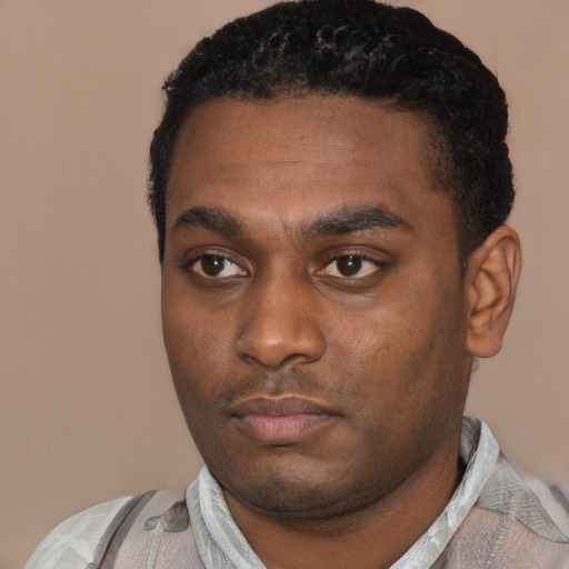 Neutral black young-adult male with short  black hair and brown eyes